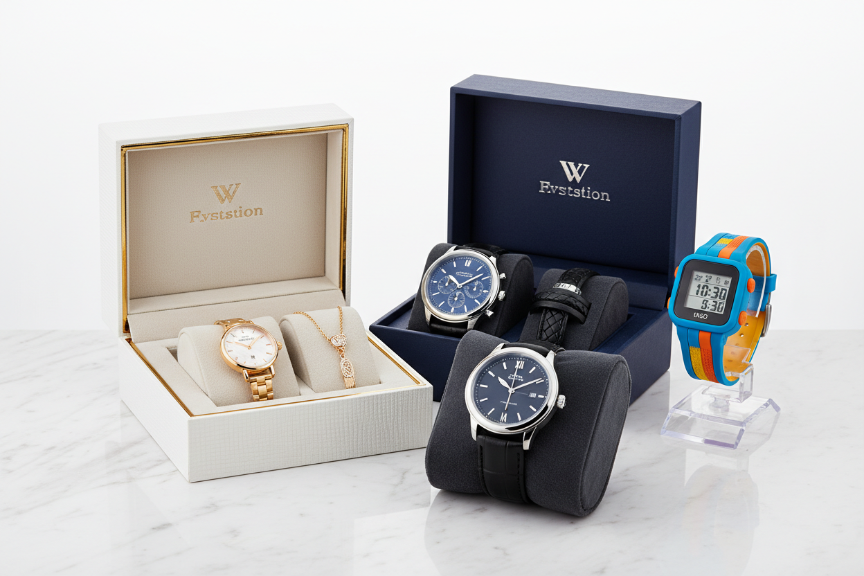 COFFRET MONTRE ET BIJOUX FEMME ET UN COFFRET MONTRE ET BRACELET HOMME ET UNE MONTRE HOMME A PART ET UNE MONTRE ENFANT SPORT A PART AUSSI